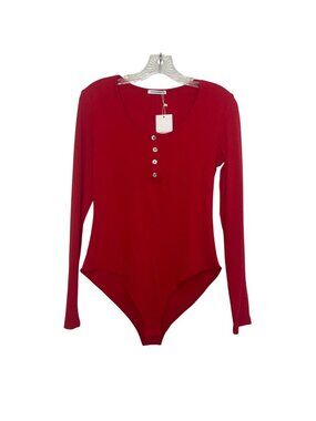 MangoPop Ribbed Bodysuit Long Sleeve Henley Snap Closure XL Red New